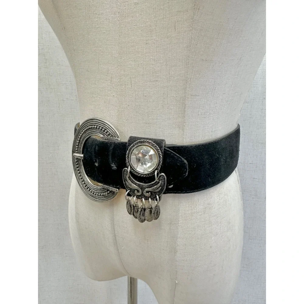 Vintage 90s Black‎ Suede Boho Belt Silver Crescent Buckle Crystal Detail Gypsy